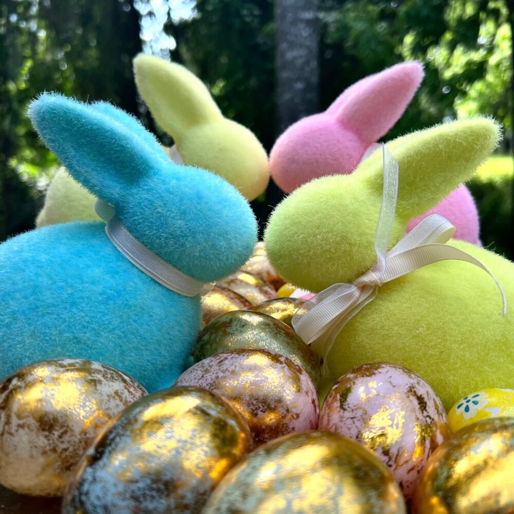 Flocked Styrofoam Easter Bunny Rabbit with Ribbon Spring Decor Figurine